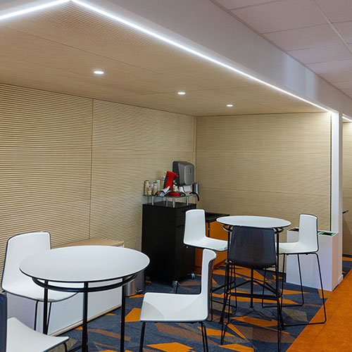 Dalles bois ab pano 50 en mural dans un espace d'accueil